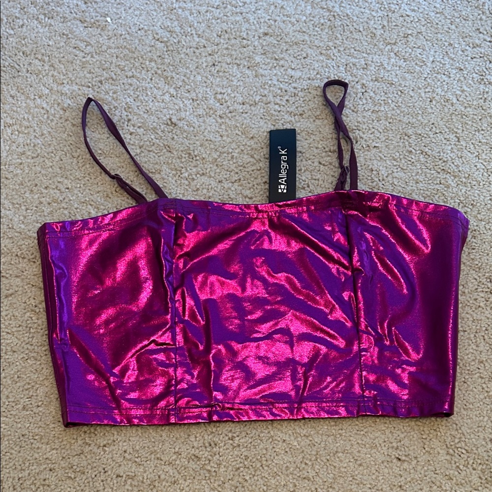 Allegra K Metallic Fuchsia Crop Top